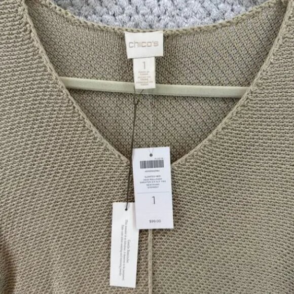 Chico's Sweater 1 M/8 Khaki Metallic Slanted Hem Heidi Pullover 3/4 Sleeves New - Picture 2 of 7